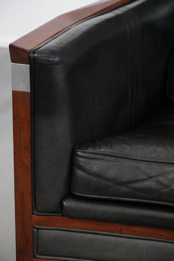 Image 1 of Zwarte Art Deco rundleren en houten Schuitema design fauteuil uit de Decoforma serie met een hoge rug