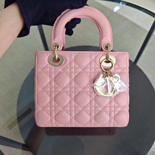 Borsa Dior Lady Small ABC Flap - Pelle di agnello Cannage rosa chiaro con finiture dorate MyABC
