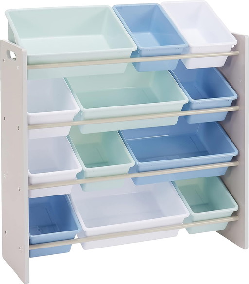 12 Niveaux Rangement pour jouets avec 12 bacs en plastique - Bois gris avec bacs bleus, 10.9" x 33.6" x 31.1"