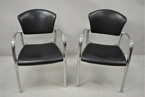 Image 1 of 4 Brayton International Collection Steelcase Chrom & Schwarz Leder Sessel