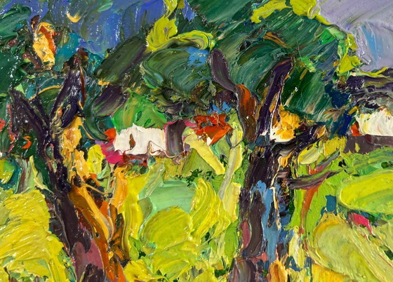 Image 1 of Original Oil Painting Summer Village Landscape Dreams in the shade of trees