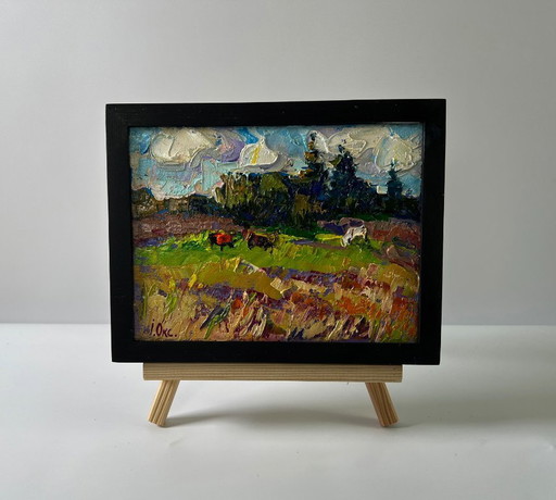 Original Oil Painting Field Day Landscape Summer Nature – schilderijen tekeningen, Canvas