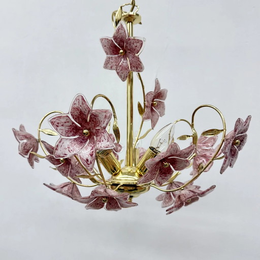 Murano roze glazen bloemenkroonluchter, jaren 70