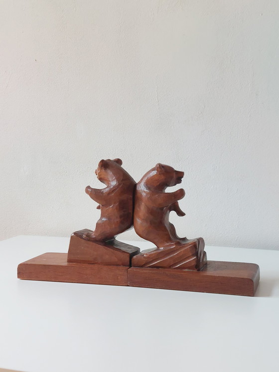 Image 1 of Paire de serre-livres anciens sculptés à la main, sculpture d'ours