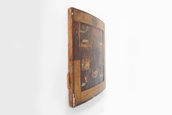 Image 1 of Icona religiosa tradizionale del XIX secolo in legno di quercia Madre di Dio, gioia di tutti i dolenti