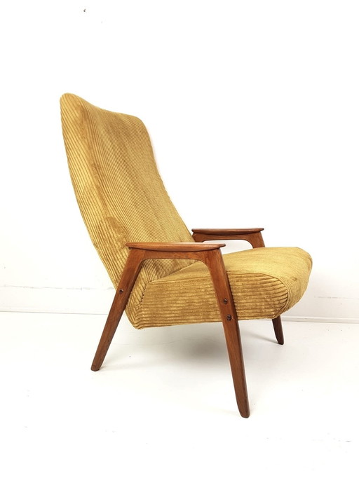 Vintage yellow teak wooden armchair, newly upholstered in mustard