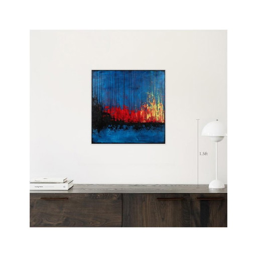 Contemporary abstract artwork in blue, red,black, yelow on stretched canvas