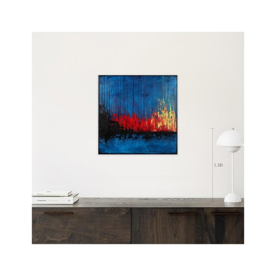 Image 1 of Contemporary abstract artwork in blue, red,black, yelow on stretched canvas