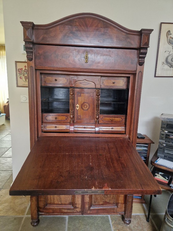 Antique Mahogany Secretaire with Inlay, Cabinets, Wood, Brass, Brown (photo 2 of 5)