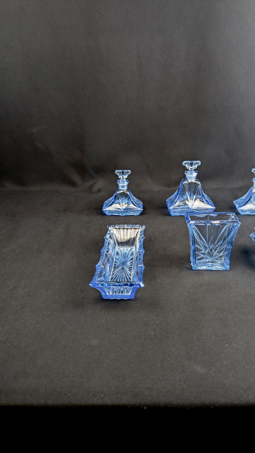 Art Deco royal blue cut glass toiletry set, beauty & vanity