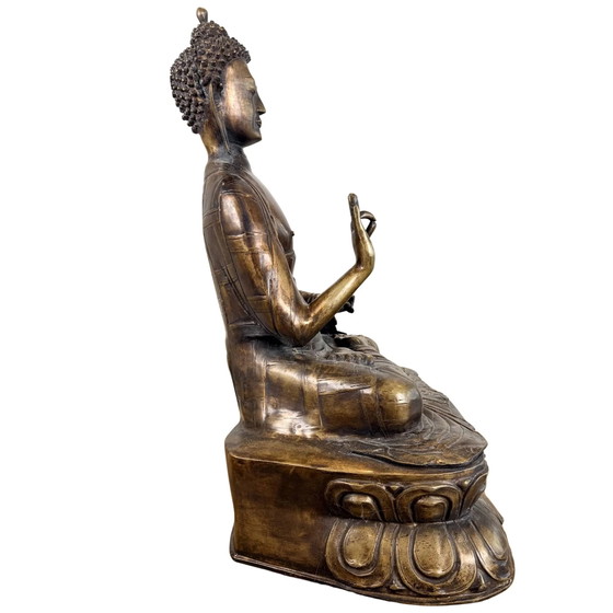 Estatua Monumental Antigua Bronce Dorado al Fuego Buda Shakyamuni – Túnica Kasaya Campo Arroz – Siglo XVIII (photo 4 of 10)