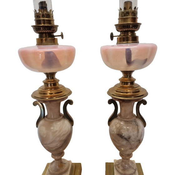 Image 1 of Antique French oil lamps on marble urn, 2nd half 19th century