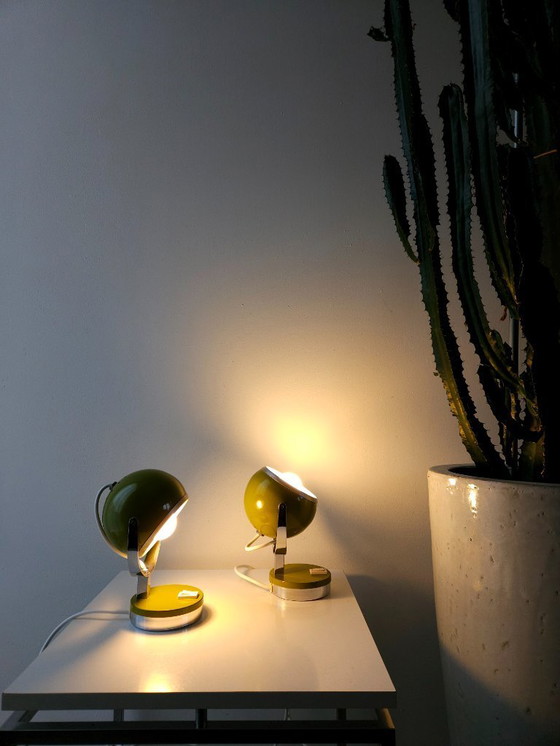 Image 1 of Set of 2 olive green vintage space age eyeball table lamps, metal green and chrome mid-century modern lamp