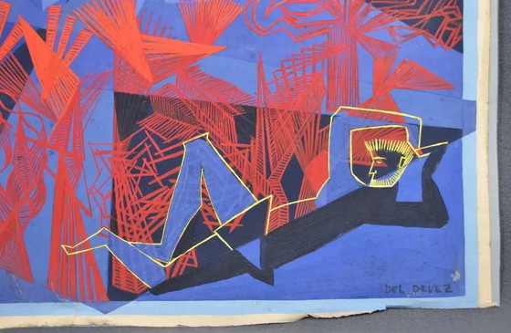 Jean Deldevez, "Il Villaggio Immaginato" Gouache, Firmata in Basso a Destra. – Dipinti e disegni (photo 2 of 10)
