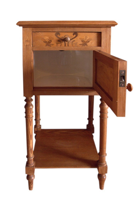 Solid pine marquetry bedside table, marble top, 37x37x81cm, 1940s, Art Deco, Émile Gallé style – Nightstands (photo 3 of 12)