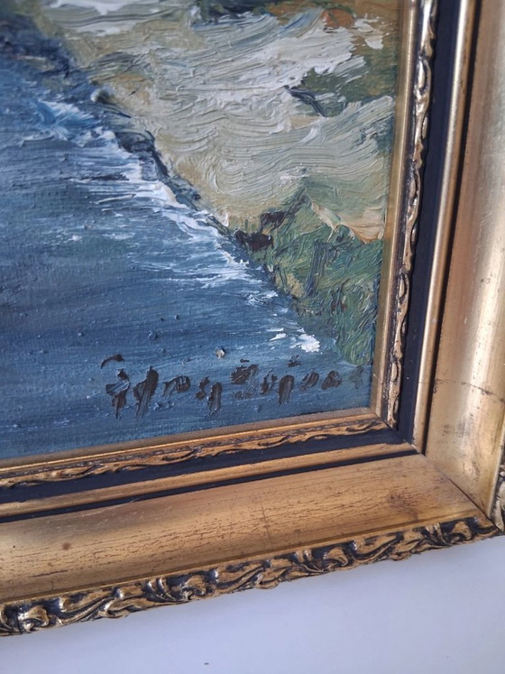 Image 1 of Dipinto originale ad olio su tela con cornice in legno | Paesaggio fluviale | Vintage