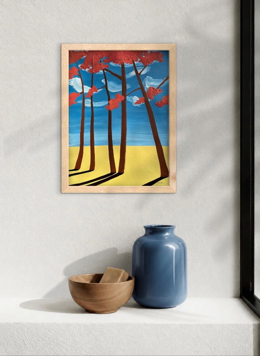 Peinture abstraite de Frédéric Cadiou avec arbres rouges