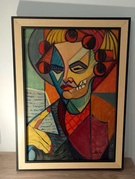 Anatomisch kubistisch portret: Kaptafel met krulspelden, olieverf op linnen doek, gesigneerd Calezis, circa 1955