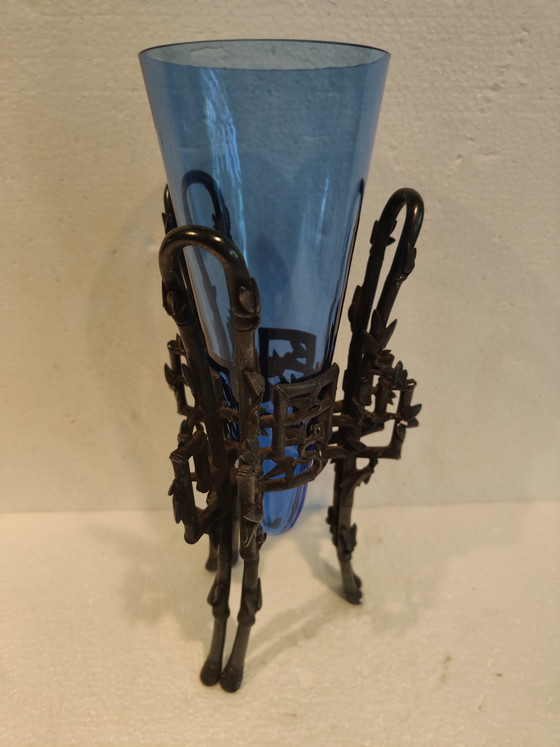 Image 1 of Jarrón Christofle de estilo japonés, monoflore de bambú en vidrio craquelado y "bambú" de bronce plateado.