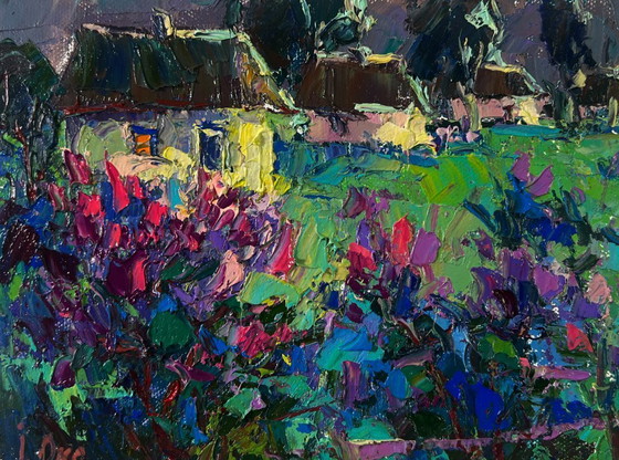 Image 1 of Original Oil Painting Night Village Landscape The first lilac over the field