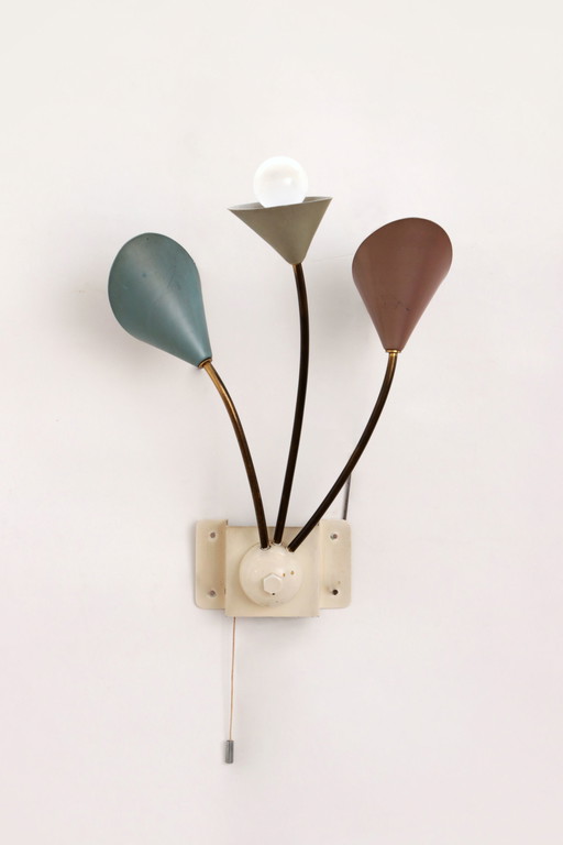 Vintage Wandlamp met 3 Lampjes - Messing Metaal,1960 Denemarken