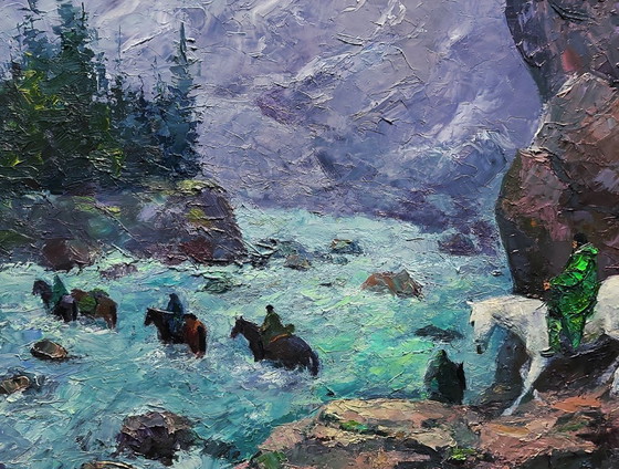 Image 1 of Dipinto ad olio originale: Paesaggio naturale, rocce, cavalli, torrente pericoloso tra le montagne.