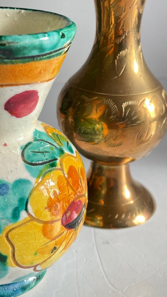Image 1 of Vintage Handcrafted Ceramic and Brass Vases