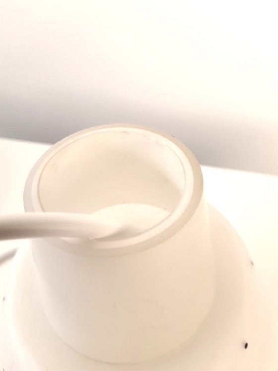 Image 1 of Vintage milk glass UFO-shaped pendant lamp with metal saucer, mcm lamp