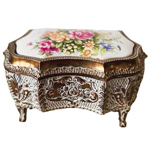 Vintage barok sieradendoosje goud porselein bloemen 1950's