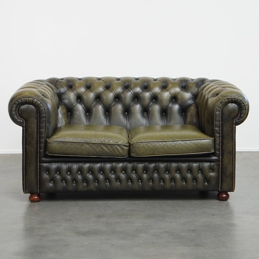 Green Vintage English Beef Leather Chesterfield 2-Seater Sofa