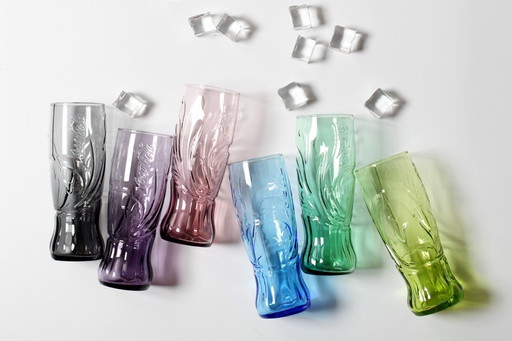 Set of 6 Luminarc Coca-Cola Glasses / Art Nouveau Butterfly Design / France / 2008