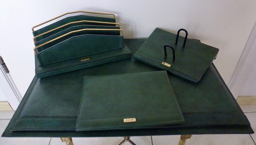 Set da ufficio/scrivania vintage in pelle da 4 pezzi.