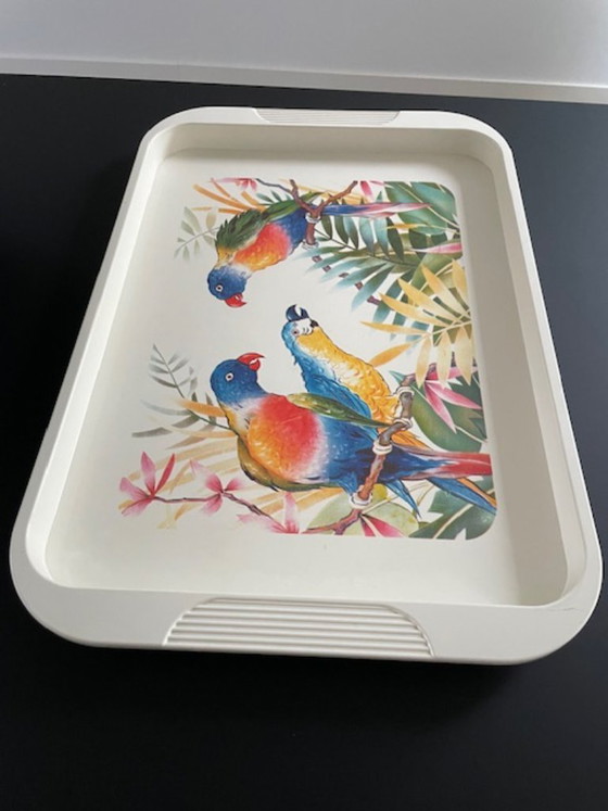 Vintage Emsa dienblad met papegaaien 50 cm, Tafelaccessoires, Kunststof, Meerdere kleuren (foto 5 van 13)