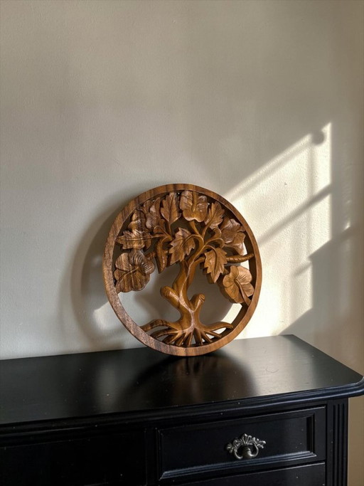 Arbre de Vie en bois fait main – Décoration murale ronde – 30 cm – decoratieve objecten, Wood