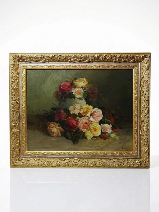 Grande quadro antico olio su tela, bouquet di rose, firmato, ca. 1890-1910