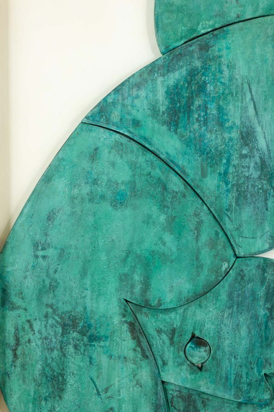 Image 1 of "I gemelli", bassorilievo incorniciato in rovere, legno e rame patinato.