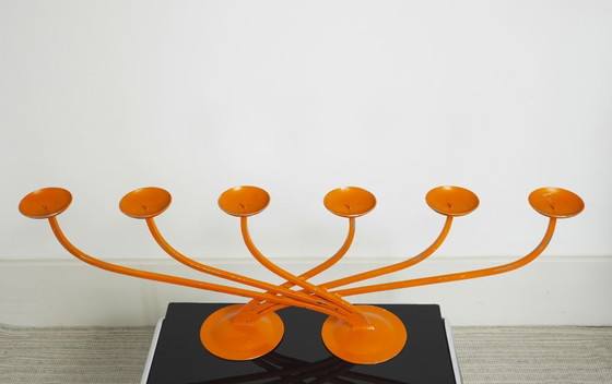 Image 1 of  1970s Orange Candelabra Large Metal Sculptural Mid Century Retro Candle Holder Space Age Statement Centrepiece 