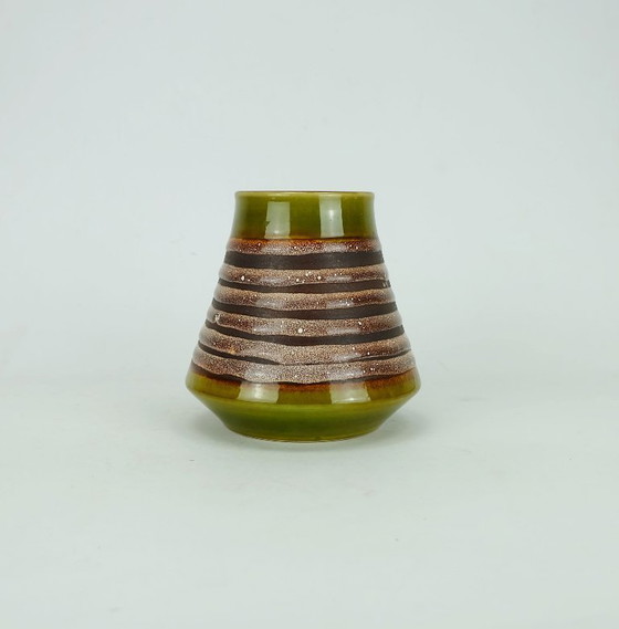 Image 1 of vintage mid century fohr keramik VASE model 130 15 olive green with stripe pattern