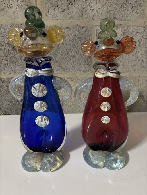 Zeldzaam paar vintage Murano glazen clowns uit de jaren 1950