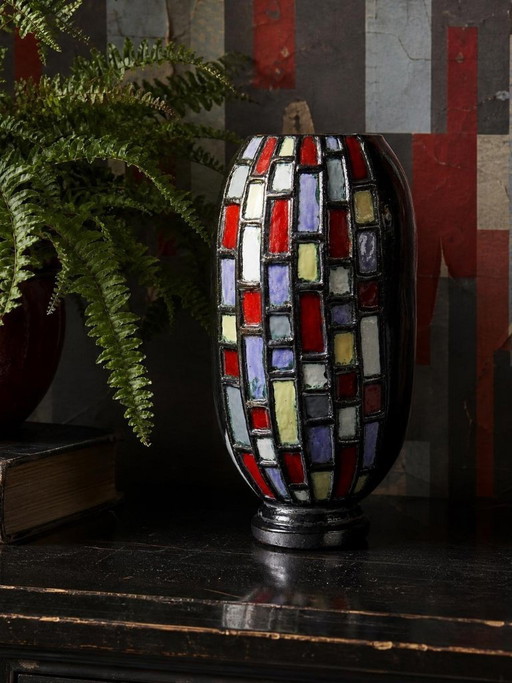 Large modernist vase in vintage black glazed ceramic art pottery from the 1950s-1970s