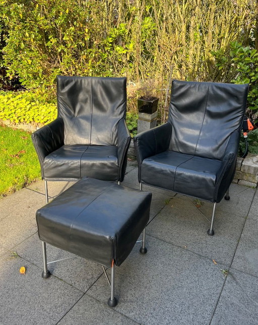 Montis 2 sillones Charlie de cuero negro + otomana