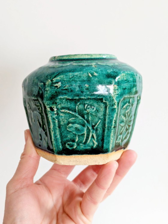 Image 1 of Pot à gingembre Shiwan chinois vintage, récipient hexagonal en faïence émaillée verte, pièce de collection