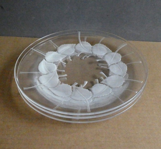 Image 1 of 3 plates, glass, satin leaf decoration, Lalique, Paris, France, signed