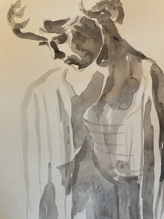 Image 1 of Aquarell Sepia Porträt Frau "Schattenspiel"