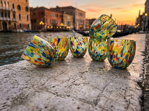 Set di 6 bicchieri in vetro soffiato veneziano con murrine Effetre Murano fuse nel vetro, hand made in italy.
