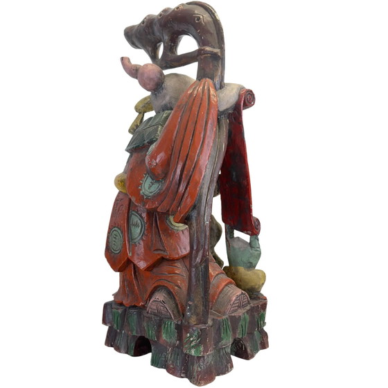 Monumentale Handgesneden Chinese Teakhouten Shoulao Beeldhouwkunst – God van de Levensduur (65.5 x 27.5 cm / (photo 4 of 11)