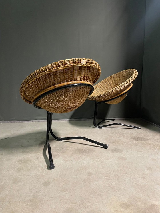 Rare pair of 'Rohe' Wicker and Metal Lounge Chairs 1960, Rohé Noordwolde, Armchairs, Brown, Vintage (photo 2 of 5)
