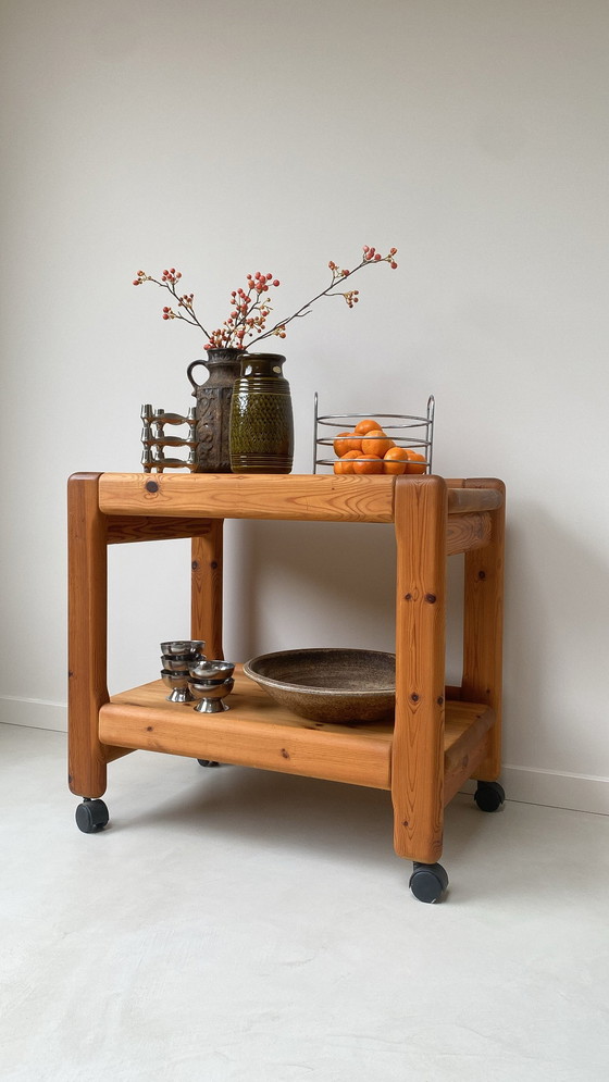 Image 1 of Chariot/chariot de service vintage en bois/pin sur roulettes