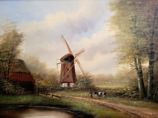 Large oil painting by Jo Vergeer Holland, (1894-1969) landscape view with mill signed