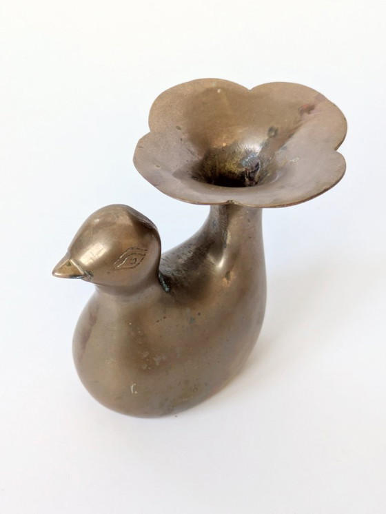 Image 1 of 1960s Midcentury Style Brass Bird Candleholder or Bud Vase, Modern Rustic Accent